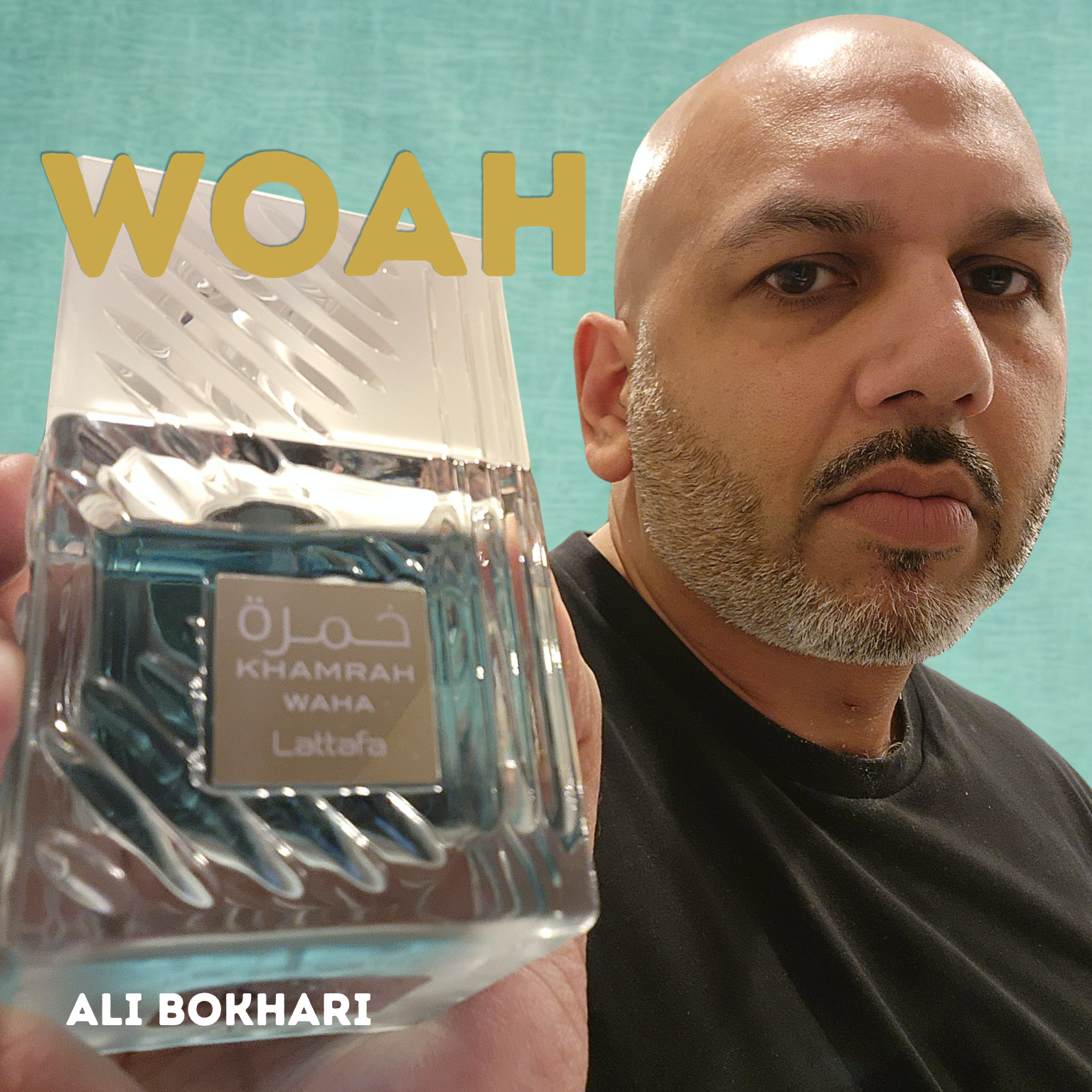 Lattafa Khamrah Waha: A Summer Fragrance Running Hot and Cold Ali Bokhari holding Lattafa Khamrah Waha perfume bottle against teal background with the word WOAH in gold text