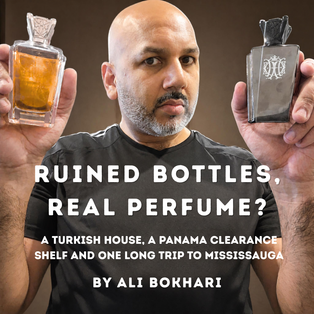 Ruined Bottles, Real Perfume? Ali Bokhari holds two damaged Attar Al Has perfume bottles, and amber Skin Musk in his right hand and a gunmetal Leather Effecto in his left.